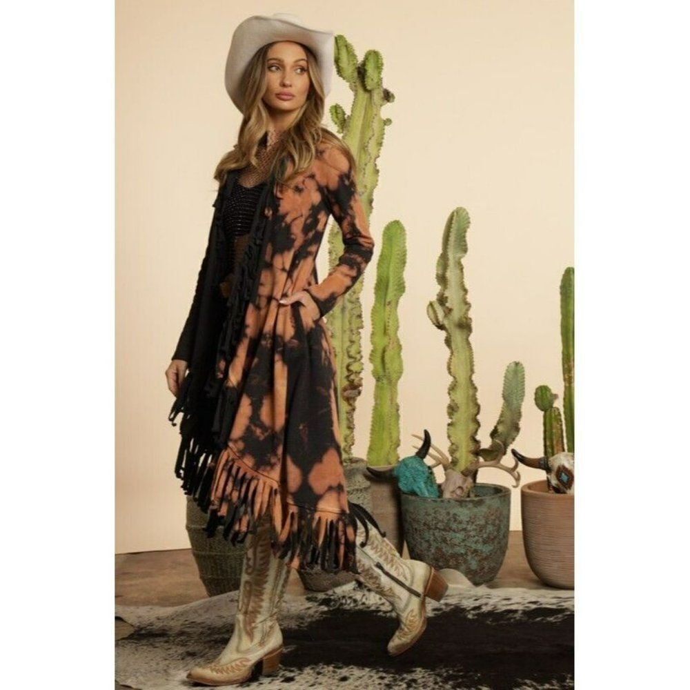 Blue Buttercup Mineral Dyed Fringe Top Duster Western Boho Tie Dye KJ82839-01 - Picture 2 of 6